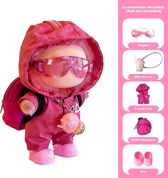 Doll Clothes for LABUBU – Hot Pink Windbreaker 4-Piece Outfit Set | Adorable 17cm Doll Clothes with Hooded Jacket, Glasses, Bag & Shoes | Complete Fashion Accessory Set (Doll Not Included)