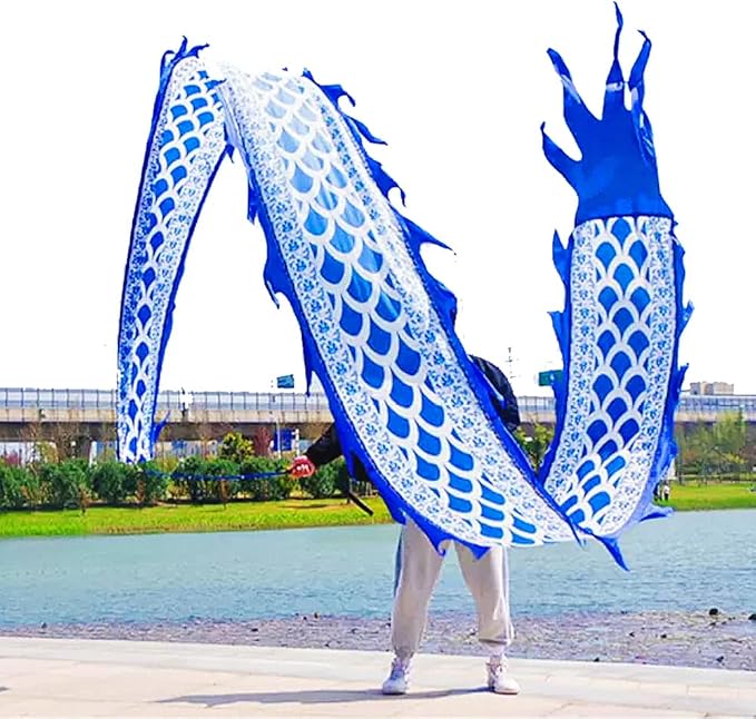 Square Exercise Dance Outdoor Flinging Fitness Dragon POI Wu Long 3D Real-Like Dragon Ribbon Streamer Set (32.8ft, Celadon Dragon)