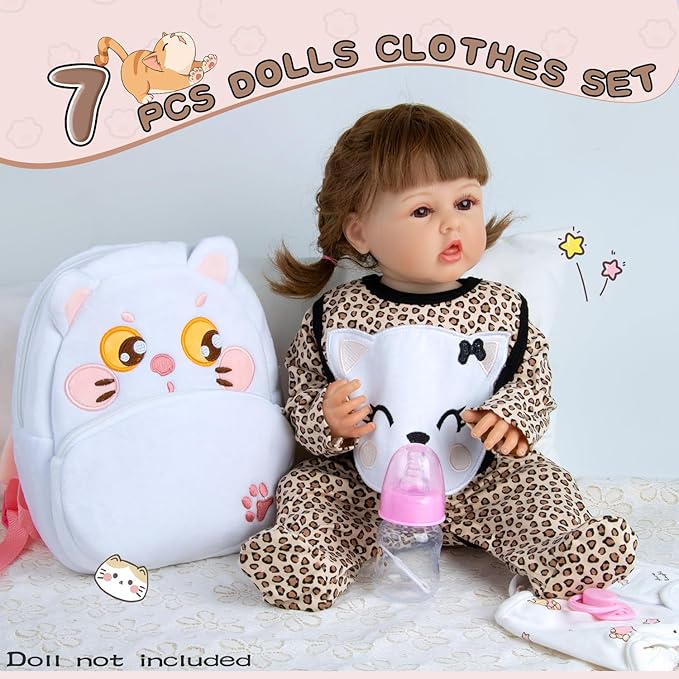 7 Pcs Baby Doll Clothes Accessories Set, 17-22 Inch Reborn Baby Dolls Clothes with Backpack Diaper Newborn Doll Outfit and Magnetic Pacifier&Fedding Bottle, Babies Pretend Play Stuffs