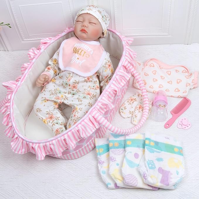 13 Pcs Reborn Baby Doll Clothes with Bassinet Pacifier Diaper fit 17-22 inch Reborn Dolls Cute Pink Baby Doll Clothes Accessories Set