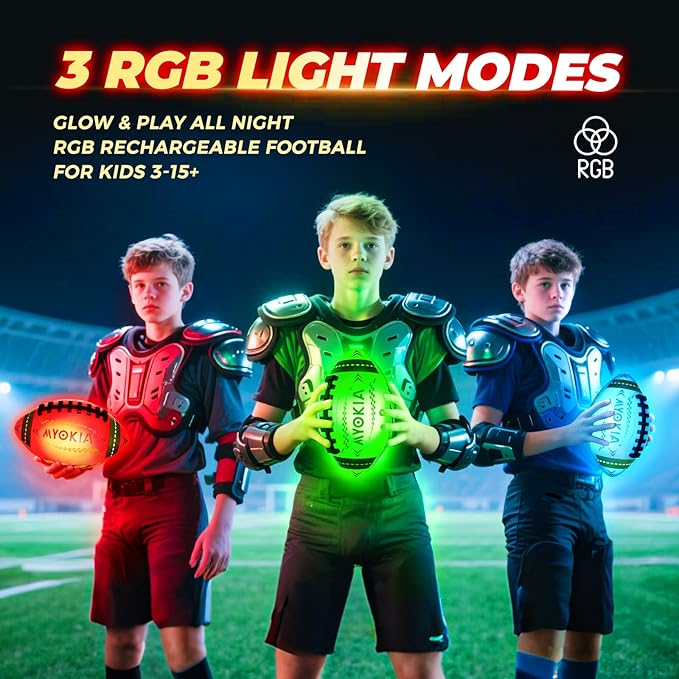 RGB Waterproof Rechargeable Light Up Football Birthday Gift, Glow in The Dark Football with Pump & USB Cable, Tri-Color (Red, Green, Blue), Size 6, Outdoor Night Games