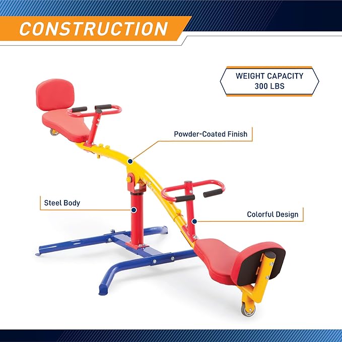 gym dandy Spinning Teeter Totter - Impact Absorbing Kids Playground Equipment - 360 Degree Rotation, Red, Yellow & Blue, 99 Inch, (TT360)