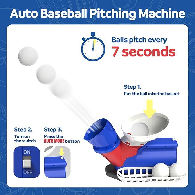 Automatic Baseball Pitching Machine for Kids, Baseball Hitting Trainer with Bat & 4 Balls, T Ball Launcher Training Equipment, Outdoor Indoor Sports Toy Gift for Boys Girls 6+