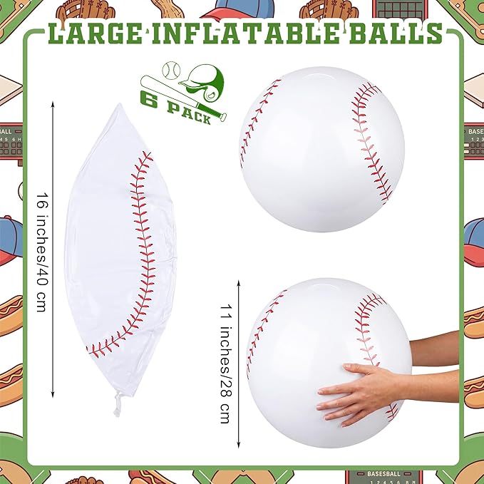 Fovths 6 Pack Inflatable Baseball Party Supplies for Adults 11 Inch Summer Beach Ball Bouncing Ball Sports Theme Favors for Outdoor Pool Birthday Party Decorations