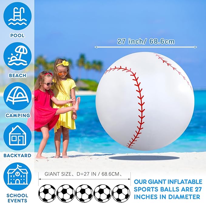Lewtemi Giant Inflatable Sports Balls Large Inflatable Beach Ball Baseballs Soccer Rainbow Basketball Football for Sport Birthday Party Favor (3 Pcs,Soccer, Baseball, Basketball,27 Inch)