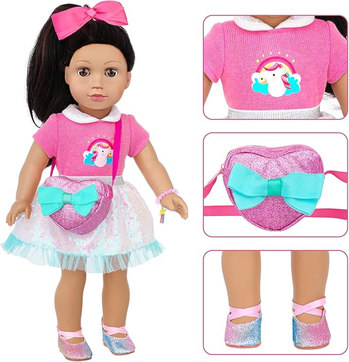 American 18 Inch Doll Clothes and Makeup Accessories Set - Includes Top and Skirt, Bag,Camera,Cell Phone,Eye Shadow,Blush,Bracelet,Lipstick,Bow Hair Clips (NO Doll)
