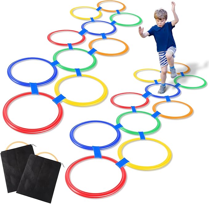 Woanger Hopscotch Outdoor Squares Hopscotch Ring Game with Connectors Outdoor Indoor Obstacle Course for Kids Playground Agility Training