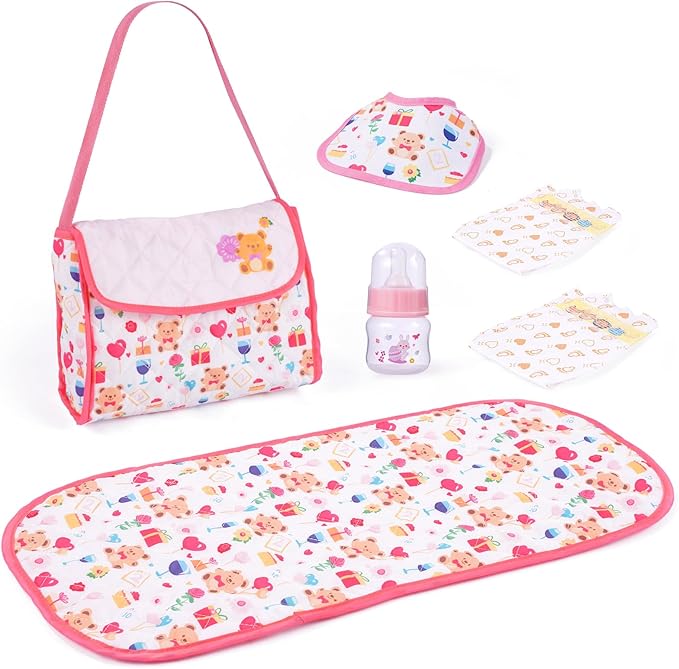 BABESIDE 6 Pcs Reborn Baby Doll Accessories Set for 17-22 Inch Dolls, Feeding & Diaper Bag Play Set with Bib, Bottle, Diapers & Changing Pad, Toy Gift for Girls (Doll Not Included)