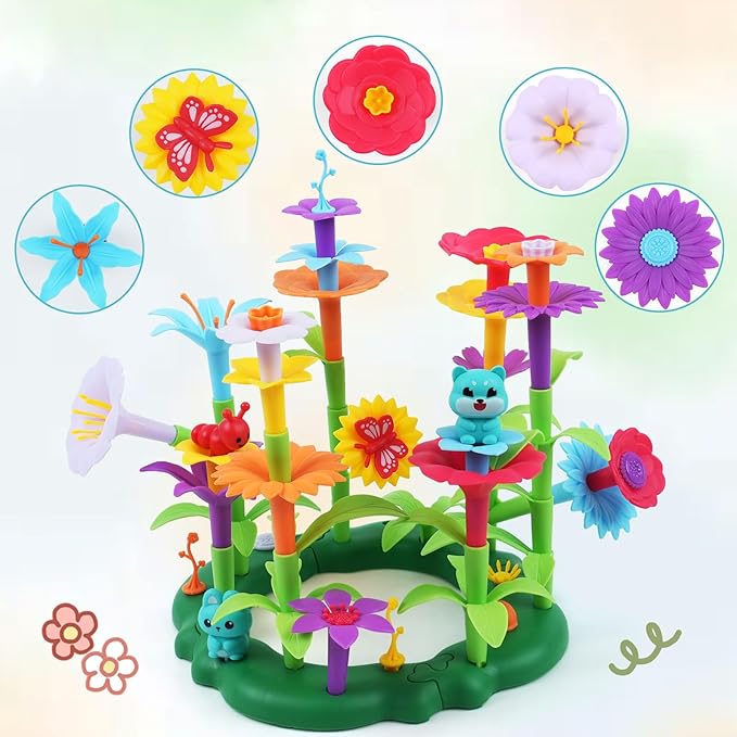 Flower Garden Building Toy for Toddler - Birthday Gifts for Preschool Kids Age 3-5 5-7 Years Old, Educational STEM Set with 140 Pieces, Girls Stacking Pretend Play Gardening Kit
