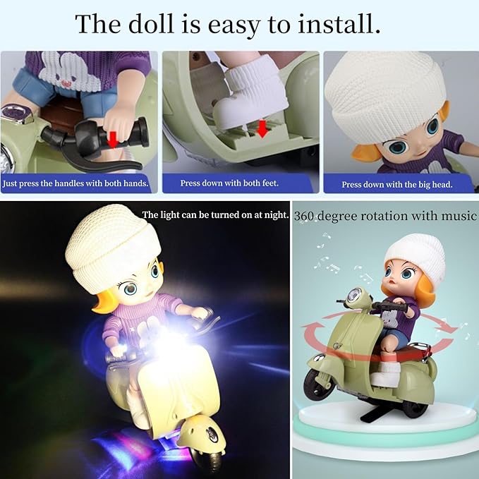 Liotww Motorcycles Scooter Toy Doll - with Light and Music, Cute Have a Seat Accessories, Interactive Rotating Decor Desktop Ornaments for Collectors (Blue)