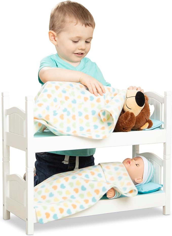 Melissa & Doug Mine to Love Wooden Play Bunk Bed for Dolls up to 18 inches-Stuffed Animals - White (2 Beds, 17.4”H x 9.1”W x 20.7”L Assembled and Stacked)