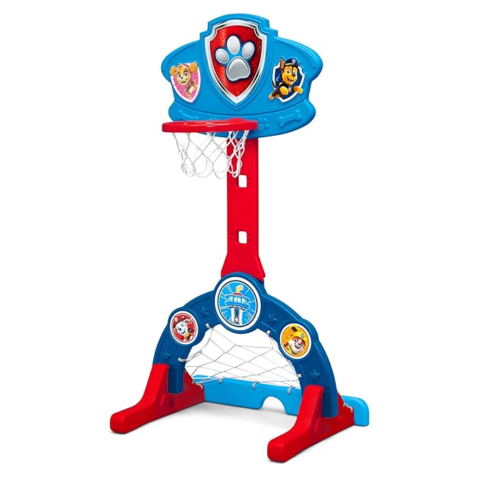 Delta Children PAW Patrol 4-in-1 Sports Center – Adjustable Easy Score Basketball Hoop, Soccer/Hockey Net and Golf Game, Blue