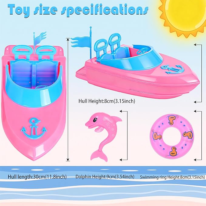 dollbie Fashion Dolls and Boat Playset - 11.5 Inch Dolls with Swimwear, Life Vests, Accessories, 5.5 Inch Doll, Pet Puppy and Dolphin Toy - Summer Beach Adventure Gift Set for Girls