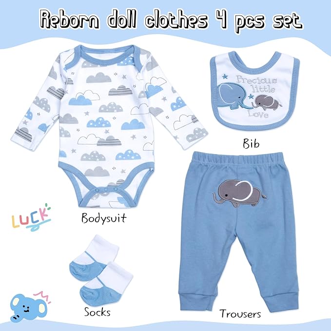 Reborn Baby Doll Clothes for 17-22 Inch Reborn Doll Boy Blue Elephant Outfit 4-Piece Newborn Baby Dolls Accessories