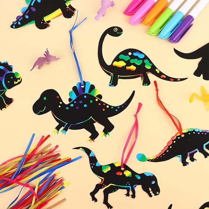 Droutti 64 Sets Dinosaur Theme Scratch Cards Rainbow Scratch Paper Dinosaur Crafts Art Card Kit DIY Scratch Dinosaur Paper with Wood Stylus and Ribbon for Classroom Craft Birthday Party Supplies
