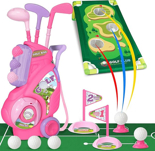 Toddler Golf Set for Boys Girls 1 2 3 4 Years Old, Upgraded Kids Golf Cart with Putting Mat & Cornhole Board, Outdoor Indoor Sports Toys, Pink