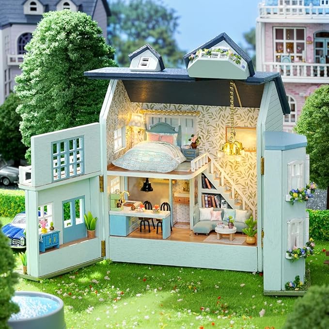 TuKIIE DIY Miniature Dollhouse Kit with Furniture, 1:32 Scale Creative Room Opened & Closed Mini Wooden Doll House for Kids Teens Adults(Warm House)
