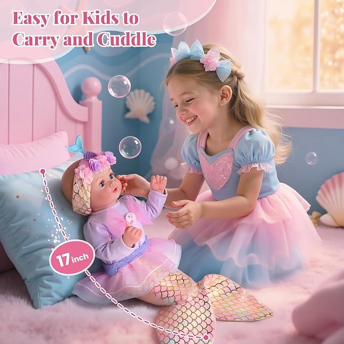 BABESIDE Mermaid Baby Doll - 17-Inch Realistic Soft Baby Dolls with Playful Mermaid Tail & Accessories Easy to Carry Mermaid Toys for 3+ 4 5 6 7 8 9 Years Girls Birthday Gift, Pretend Play & Christmas
