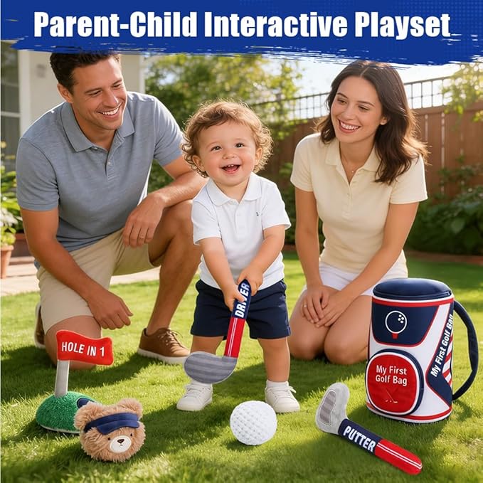 teytoy My First Baby Golf Bag Gift Set, 6 Pcs Baby Golf Toy Sensory Play Set with Plush Club, Ball, Bag, Bear, Fun Birthday Gift for Babies Infants Toddlers