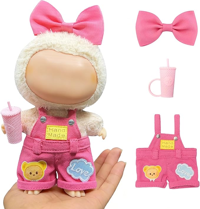 Sweet Casual Style for LABUBU Clothes or LABUBU Outfits– Cute Bow & Mini Coffee Cup Accessory, Sweet Casual Style Clothes for Collectible Dolls