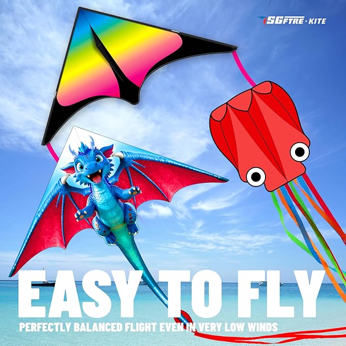3 Piece Set Butterfly Delta Octopus Kites for Kids and Adults，Easy to Fly for Outdoor Adults Children Line Kite for Kids Toy (Blue Dragon+ Delta+Octopus Red, 3)