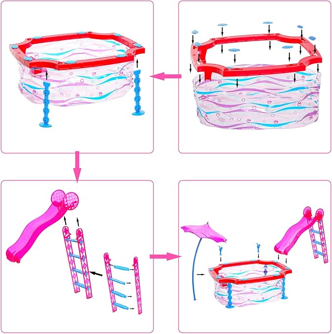 ENOCHT 46 Pcs Doll Pool Playset, Doll Pool with Slide Accessories Includes Mermaid Swimsuit, Beach Umbrella, Chair, Towel, Drink, Swimming Ring and Others Accessories fit for 11.5 inch Girl Dolls