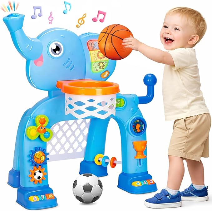 Toddler Basketball Hoop & Soccer Goal, Toys for 1 2 3 Year Old Boys Girls, Kids Sports Toy with Light Sound Music, Montessori Toys for Baby 12-18 Months, Christmas Birthday Gifts for Ages 1-3(Blue）