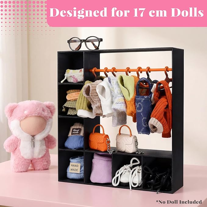 BABESIDE Doll Clothes Closet, Doll Clothes Storage with 2 Wardrobes & 20 Hangers, Doll Accessories Closet Set for 15/17 cm Dolls, Doll Closet Organizer Display (Pink & Black)