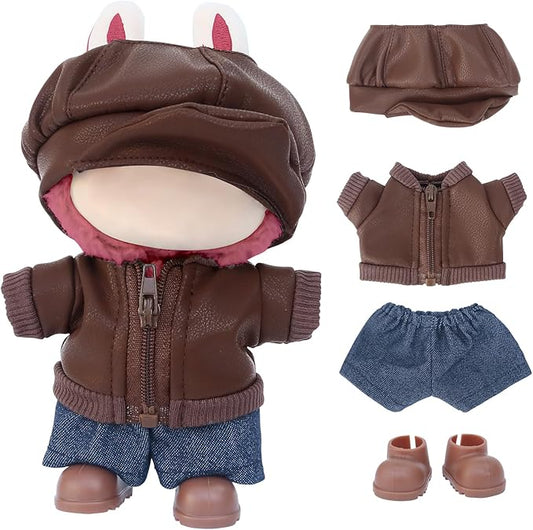 17cm Doll Clothes Sets(No Doll) Brown Leather Jacket Outfits Handcrafted Designer Clothes Including Hat Jacket Trousers and Shoes