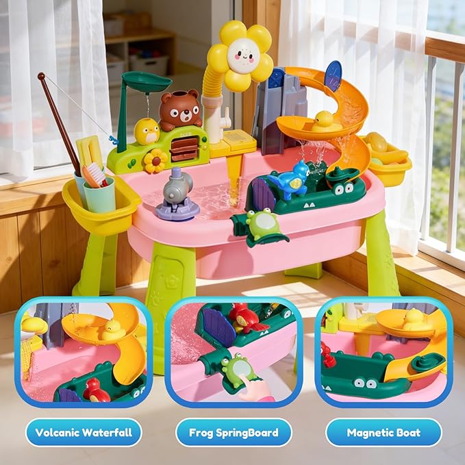 Upgraded Toddler Sand Water Table Toy with Electric Water Pump, Kids Sand Water with Faucet/Play Food Accessories/Fishing Toy, Kitchen Play Sink Toys for Girl Boy Age 3+ (Pink)