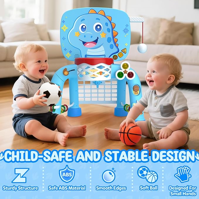 Toys for 1 Year Old Boy - Toddler Basketball Hoop & Soccer Goal & Baseball Activity Center with Light Sound Music, Dinosaur Montessori Sports Toy, Christmas Birthday Gift for Baby 12-18 Months, Blue