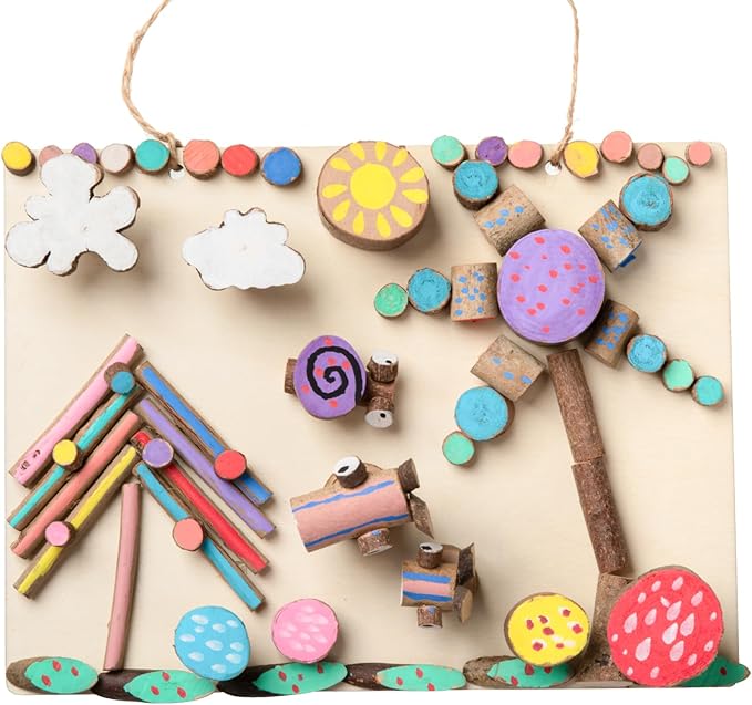 LAZACA Arts and Crafts Kit Wooden Creativity Painting Set for Kids, DIY Loose Part Play Projects Parties Camping Homeschool Supplies, Unfinished Natural Wood Slices Sticks Set for 5+ Size-21X17X4cm