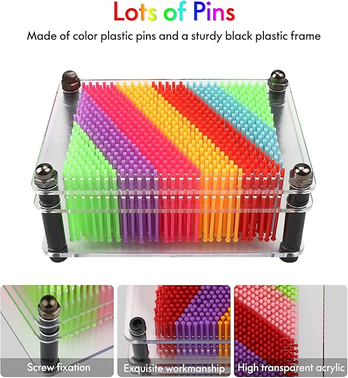 3D Pin Art Board Sculpture, Rainbow Sensory Gift Size 3.75 X 5, Plastic Desk Creativity for Kids, Adults, Home, Office Decoration, Multicolor (Small)
