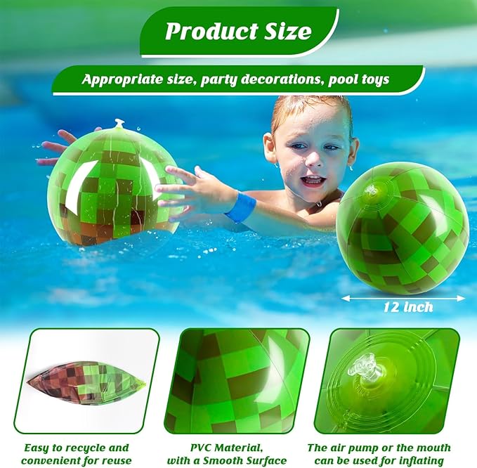 12PCS 12Inch Beach Ball Set for Green Pixel Themed Birthday Party Decorations, Pool Party Supplies,Summer Outdoor Activities,Kids Party Favors,Class Celebration & Holiday Games
