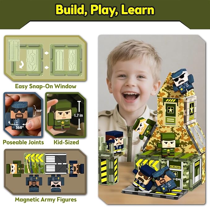 GobiDex 100PCS Army Magnetic Tiles Building Set for Kids, STEM Military Magnetic Building Blocks with 6 Magnetic Army Men, Educational Construction Toys Gift for Boys Girls 3 4 5 6 7 8 9+ Year Old
