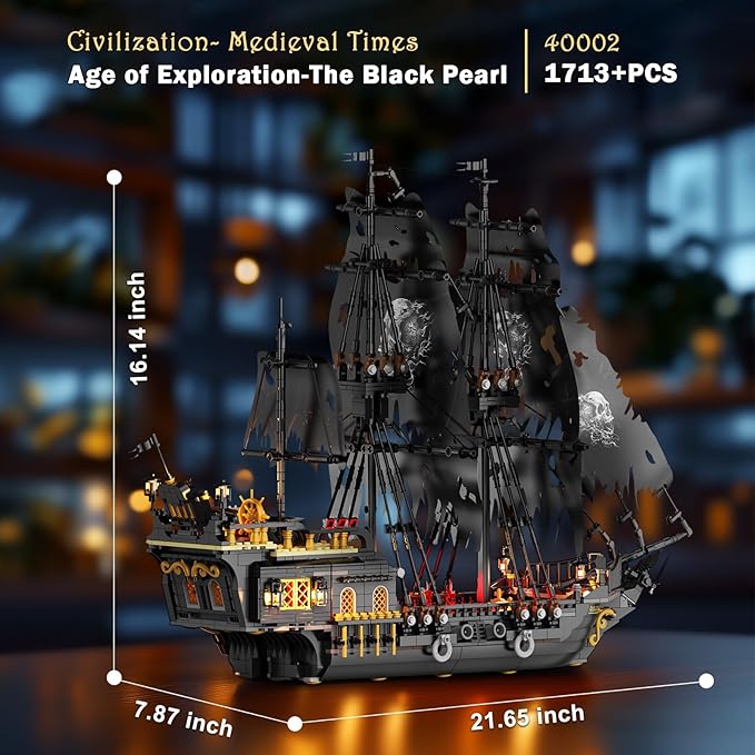JMBricklayer Pirate Ship Building Toys with Lights, Pearl Pirate Ship Model Boat Kit 40002, Black Ship Toy Building Sets for Adult Teens 14+, Home Office Decor Valentines Gifts(1713 PCS) New Upgrade