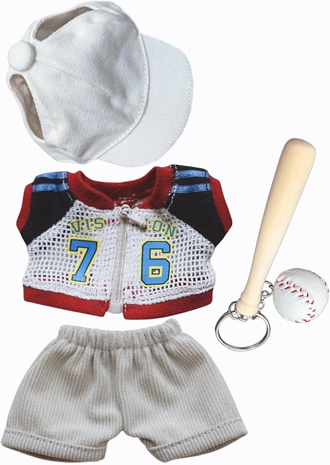 Baseball Clothes Set for Doll 15-17cm Sporty Outfits - Cap, Jacket, Pants, Detachable Bat & Ball, Compatible with Artist Doll, Sporty Uniform Mini Figures Clothing - Red/White