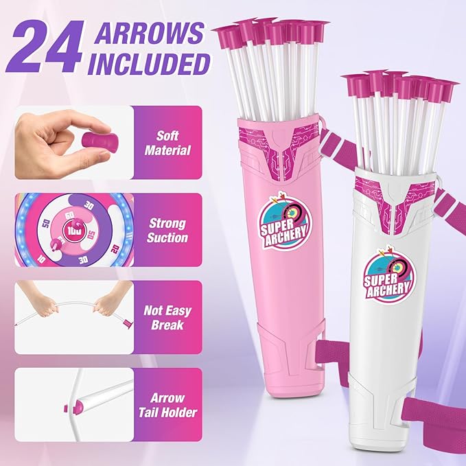 2 Pack Bow and Arrow for Kids, LED Light Up Unicorn Archery Set with 24 Suction Cup Arrows, 1 Standing Glow Target, 6 Score Targets & 2 Quivers, Indoor Outdoor Sport Toys for Girls Ages 4-12
