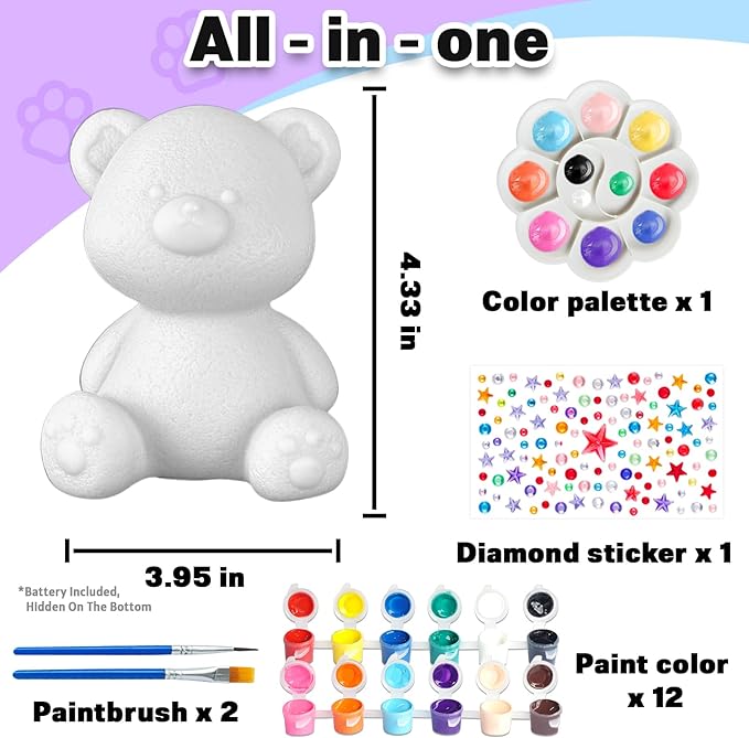 FUNZBO Paint Your Own Bear Lamp Kit - Easter Basket Stuffers, Arts and Crafts Supplies Painting Kits for Kids Teens, DIY Night Light Toy for Girls Boys Ages 3 4 5 6 7 8 9 10 11 12 Birthday Gifts
