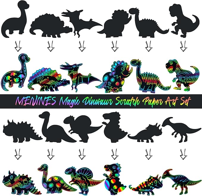60PCS 12Style Magic Color Scratch DIY Dinosaur Paper Scratch Craft Kits Rainbow Scratch Paper Art Sets with Scratching Tools Ribbon for Party Favors Activities