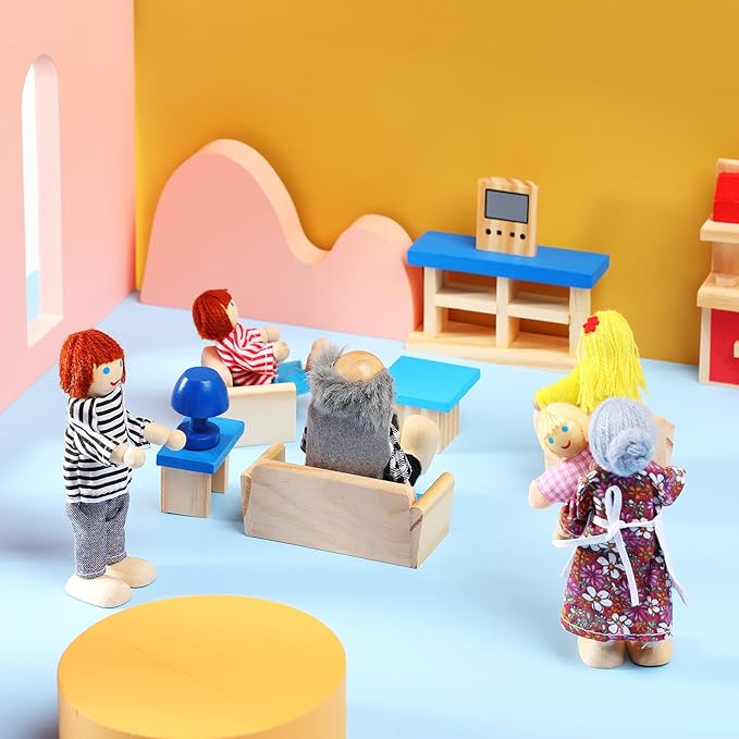 Sumind 35 Pcs Wooden Dollhouse Furniture with Family Figures Dolls for Diverse Imaginative Play Fits Most 1 12 Scale Miniature Dolls House with Kitchen Bedroom Bath Living Room Study Room