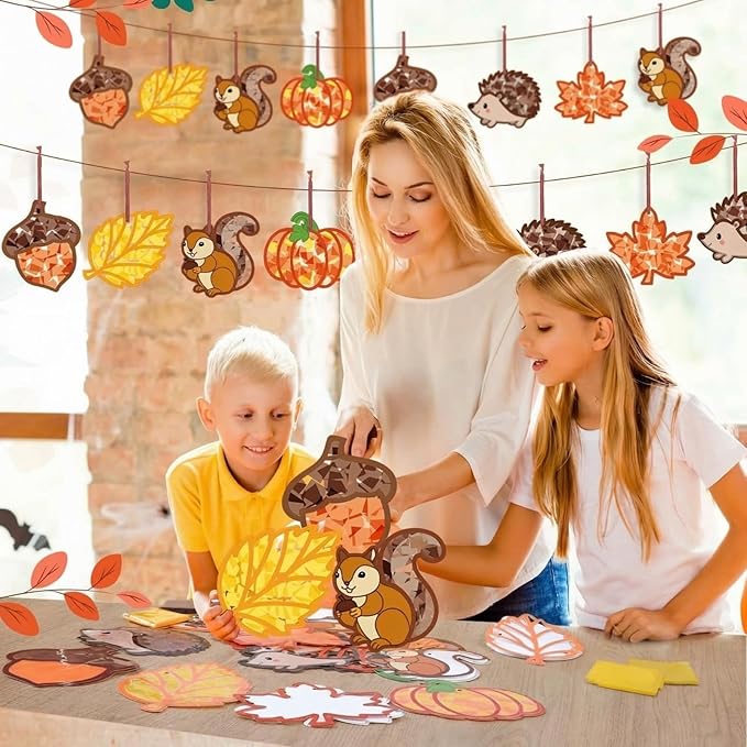 Feifeiya 24 Sets Fall Crafts Kit DIY Autumn Paper Crafts with Colored Tissue Paper Sticker Tools Fall Harvest Pumpkin Leaf Acorn Squirrel Suncatcher Ornaments for Classroom Thanksgiving Activity Arts