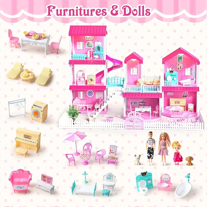Toylink Pink Doll House for Girls, 3-Story Villa Playset with Light, 3 Dolls, Pool & Slide, Dollhouse Furniture and Accessories, Pretend Play Toddler Toys Birthday Gifts for Kids 3 4 5 6 7 8