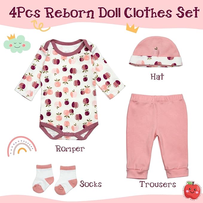 Reborn Baby Doll Clothes Girl Outfit Accessories for 17-22 Inch Reborn Dolls Baby Girl Doll Clothes 4pcs Set