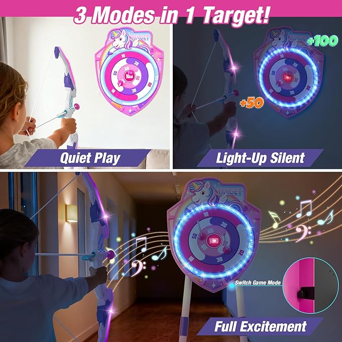 2 Pack Bow and Arrow for Kids, LED Light Up Unicorn Archery Set with 24 Suction Cup Arrows, 1 Standing Glow Target, 6 Score Targets & 2 Quivers, Indoor Outdoor Sport Toys for Girls Ages 4-12