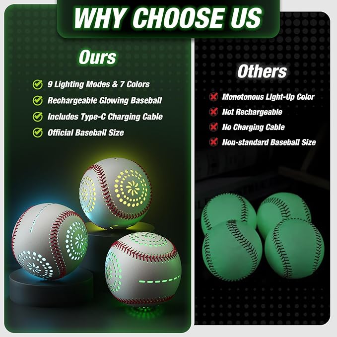Light up Baseball with LED Rechargeable, 9 Lighting Modes Glow in The Dark Baseball Gifts for Boys 8-12, Official Size Leather Weighted Balls for Day Night Indoor Outdoor Sport Game
