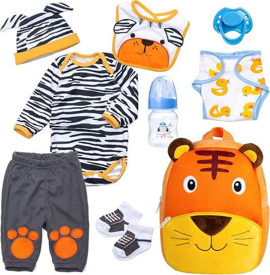 9 PCS Reborn Baby Doll Clothes Tiger Outfit Accessories for 20-22 Inch Reborn Dolls Newborn Baby Clothing Set with Backpack