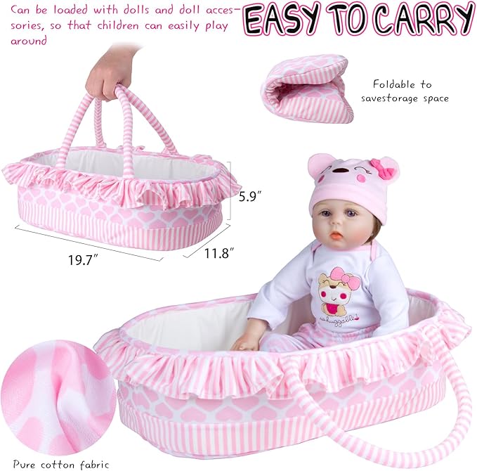 PEDOLLTREE Reborn Baby Dolls Clothes Girl Outfit Accessories Pink Little Bear 12 Pcs for 17-22 Inch Reborn Doll Newborn with Pink Heart Bassinet