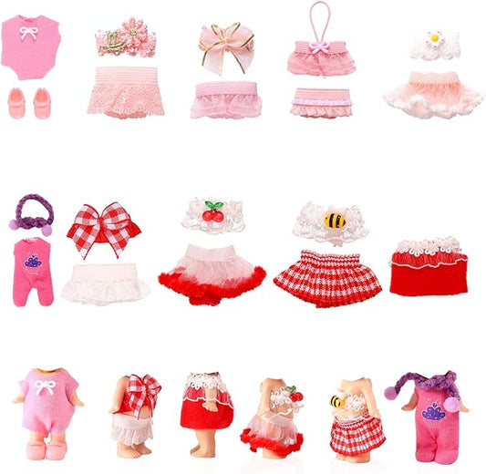 10 Sets Doll Outfits, 3 Inch/7.62cm Doll Collector's Clothing Accessories Cute Flowers Cherries Bees Dress Wear for Decoration and Display (Pink, Red)