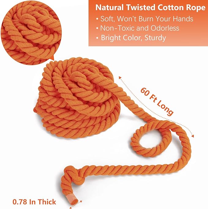 Tug of War Rope 60ft for Kids Adults, Outdoor Field Day Family Reunion Birthday Party Games, Outside Yard Backyard Lawn Camping Picnic Carnival Games for Team Building Activities, Orange